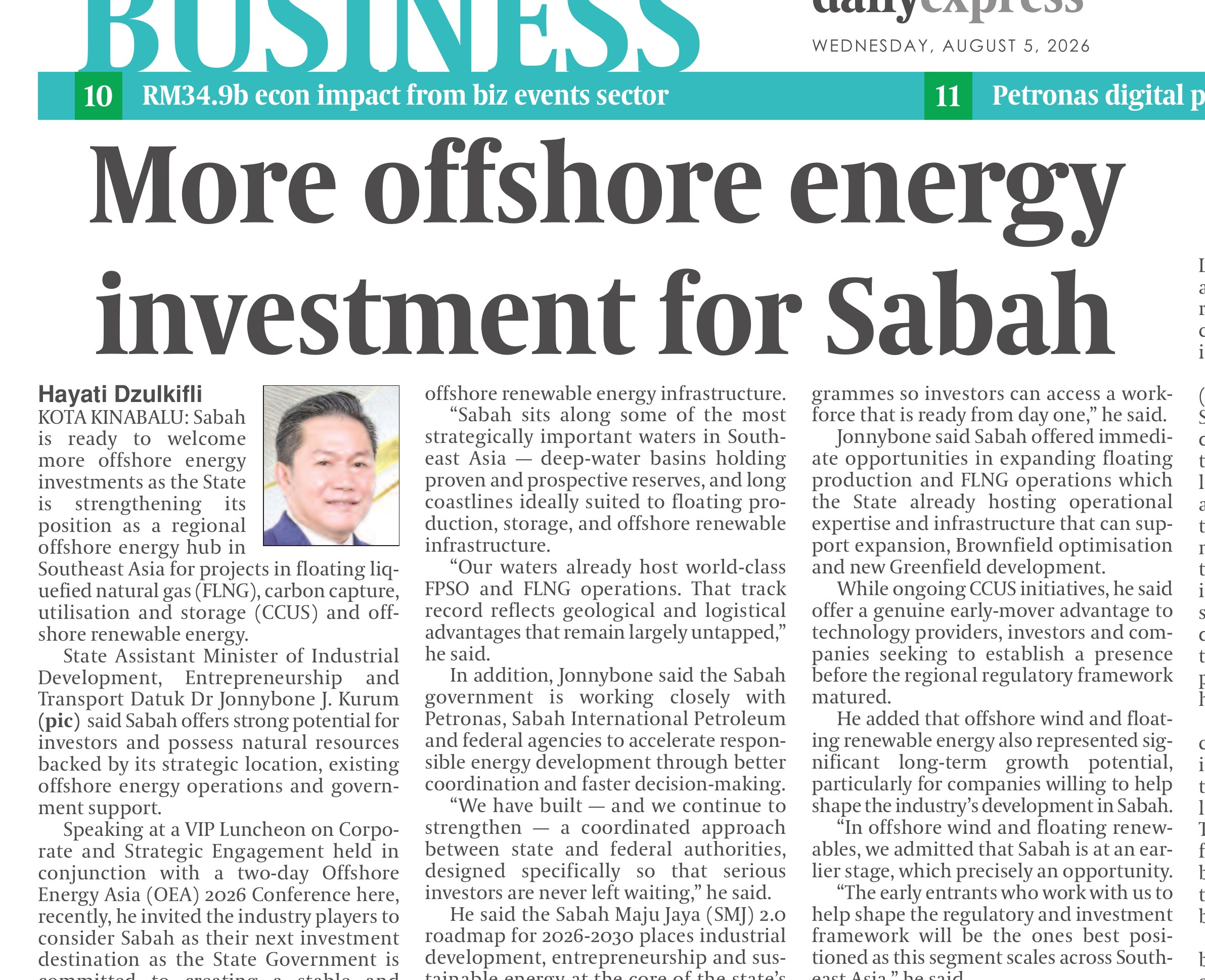 Daily Express Business front page: More offshore energy investment for Sabah